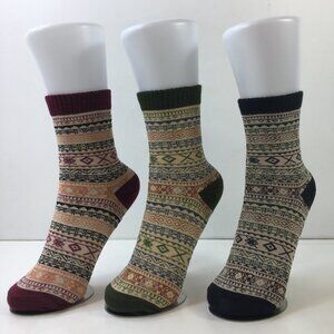 Womens Crew Socks Set 3 Fair Isle Nordic Pattern Red Green Blue Orange Black